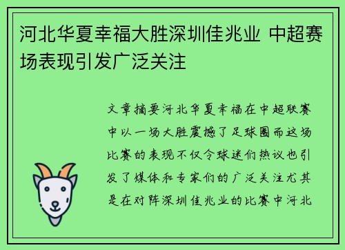 河北华夏幸福大胜深圳佳兆业 中超赛场表现引发广泛关注