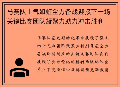 马赛队士气如虹全力备战迎接下一场关键比赛团队凝聚力助力冲击胜利