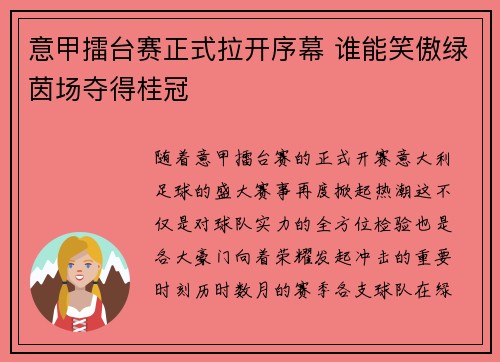 意甲擂台赛正式拉开序幕 谁能笑傲绿茵场夺得桂冠