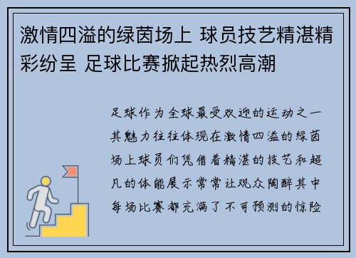 激情四溢的绿茵场上 球员技艺精湛精彩纷呈 足球比赛掀起热烈高潮